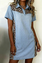 Load image into Gallery viewer, Myosotis Denim Color Block Leopard Patchwork Shirt Collar T Shirt Mini Dress
