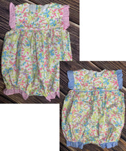Load image into Gallery viewer, Bright Floral Print Bubble with Choice of Pink or Blue Accent Ruffles
