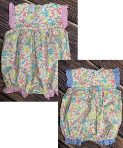 Bright Floral Print Bubble with Choice of Pink or Blue Accent Ruffles