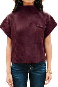 Pocket Ribbed Knit Short Sleeve Sweater