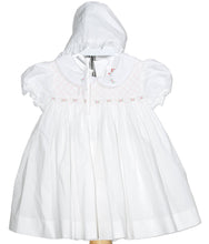 Load image into Gallery viewer, White Geometric Smocked With Roses Short Sleeve Dress, Bloomers, and Beautiful Bonnet
