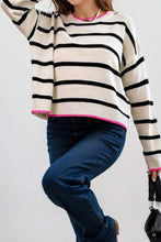 Load image into Gallery viewer, White Stripe Contrast Trim Drop Shoulder Sweater
