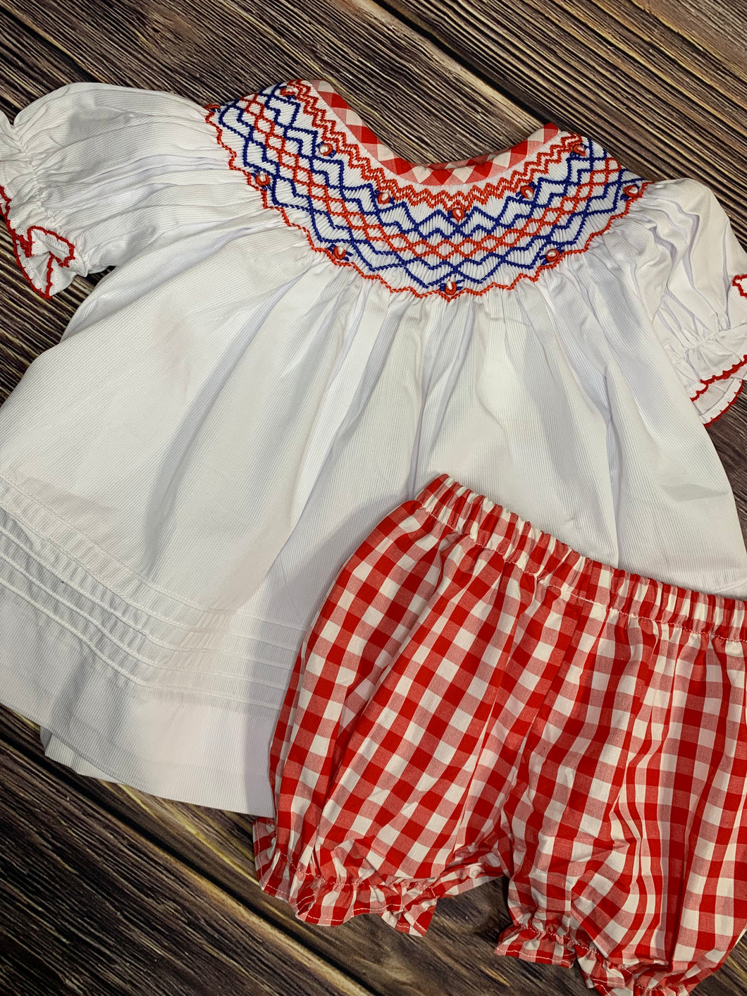 Red, White, and Cute Geometric Smocked Short Set