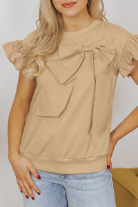 Parchment Ribbon Bow Ruffle Sleeve Round Neck Top