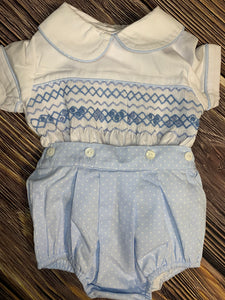 Button On, 2 piece, Geometric Hand Smocked Blue and White Bubble