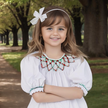 Load image into Gallery viewer, Geometric Smocked Long Sleeve Dress, White with Red and Green Details
