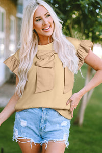 Parchment Ribbon Bow Ruffle Sleeve Round Neck Top
