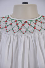 Load image into Gallery viewer, Geometric Smocked Long Sleeve Dress, White with Red and Green Details
