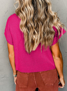 Pocket Ribbed Knit Short Sleeve Sweater