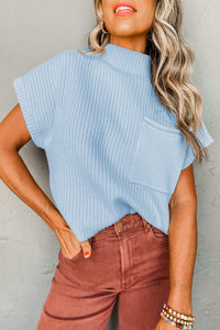 Pocket Ribbed Knit Short Sleeve Sweater