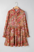 Load image into Gallery viewer, Brown Floral Print Shirt Style Long Sleeve Ruffle Mini Dress
