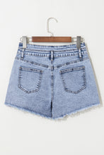 Load image into Gallery viewer, Beau Blue Rhinestone Light Wash Raw Hem High Waist Denim Shorts
