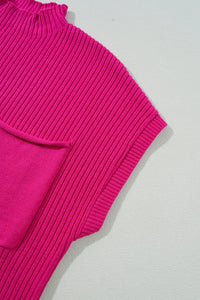 Pocket Ribbed Knit Short Sleeve Sweater