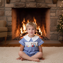 Load image into Gallery viewer, Blue Gingham Hand-Smocked Christmas Nativity Bubble With Peter Pan Collar
