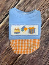 Load image into Gallery viewer, It&#39;s My Birthday Pale Blue Hand Smocked Short Sleeve Gingham Set
