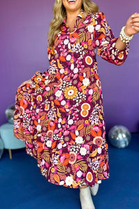 Blue Abstract Print Collared Tiered Flowy Maxi Dress
