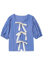 Load image into Gallery viewer, Blue Stripe Bow Front Puff Short Sleeve Blouse

