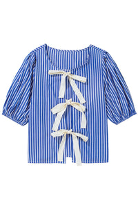 Blue Stripe Bow Front Puff Short Sleeve Blouse