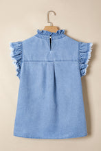 Load image into Gallery viewer, Blue Frilled Collar Flutter Sleeve Denim Top
