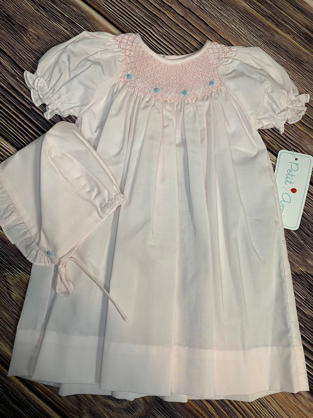 Petit Ami Pale Pink Smocked Day Gown with Bonnet