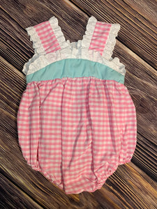 Pink Gingham and Mint Bubble with Lace Trim