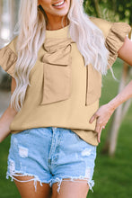 Load image into Gallery viewer, Parchment Ribbon Bow Ruffle Sleeve Round Neck Top
