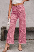 Load image into Gallery viewer, Rose Leopard Frayed Edge Wide Leg High Waist Jeans
