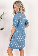 Load image into Gallery viewer, Sky Blue Polka Dot Print Ruffled Short Puff Sleeve Button Down Loose Denim Dress
