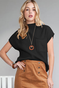 Pocket Ribbed Knit Short Sleeve Sweater