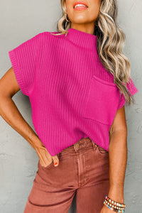 Pocket Ribbed Knit Short Sleeve Sweater