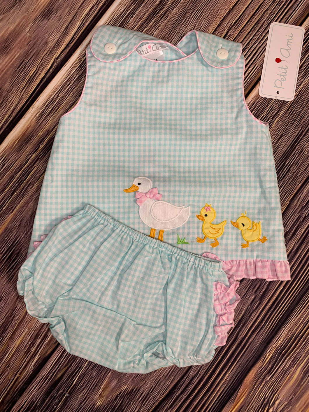 Petit Ami Duck and Ducklings Cross Back Bloomer Set