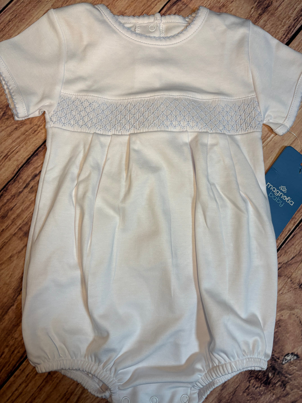 Magnolia Baby Smocked Bubble, White w/Blue, Short Sleeve