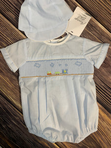 Pale Blue, Train Smocked Bubble with Matching Hat