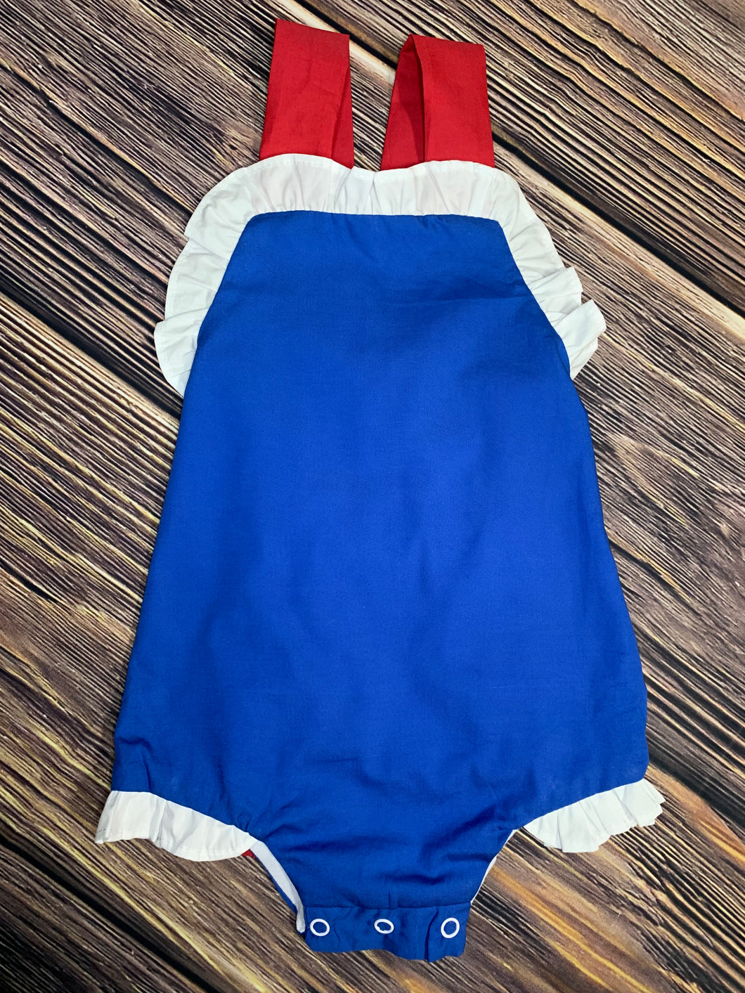 Sun Suit, Blue with Red Straps and White Ruffled Trim