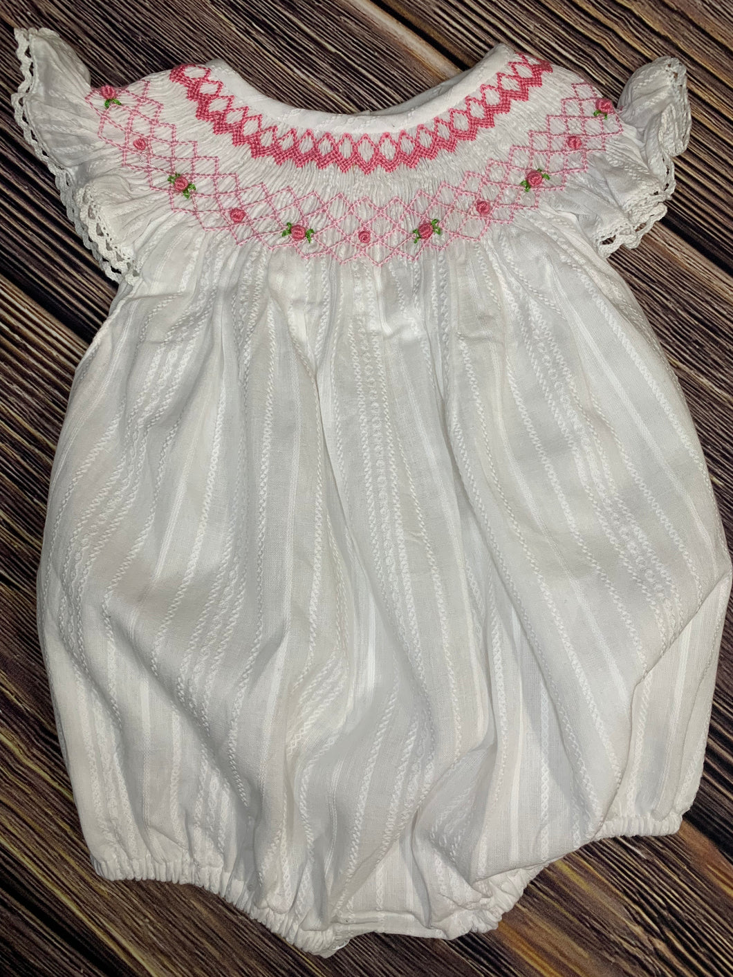 White and Pink, Girls Geometric Hand Smocked Bubble