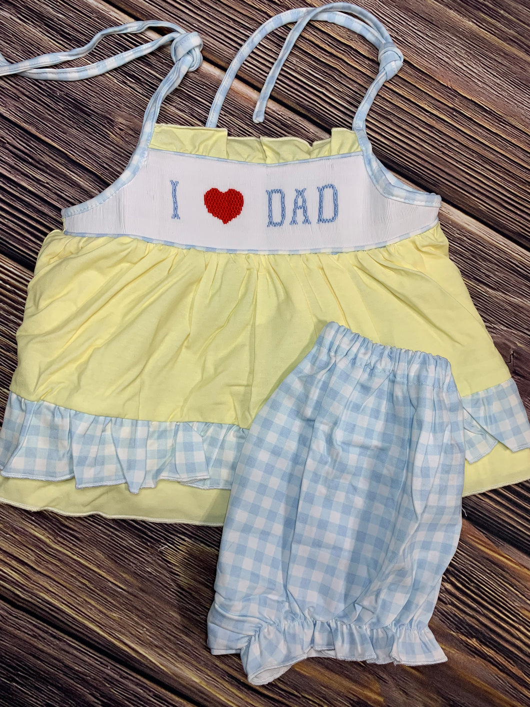I Love Dad Hand Smocked Yellow and Blue Knit Bloomer Set