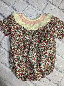 Floral Print Bubble with Geometric Smocked Collar
