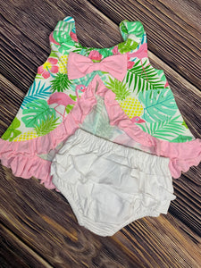 Flamingo All Over Print Bow Back Set with Ruffled Bloomers