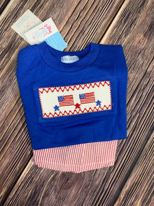 4th of July Hand Smocked Short Sleeve with Red Seersucker Shorts