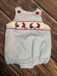 Sailboats, Knit Hand Smocked Bubble, Red, White, and Blue