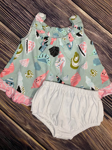 Sea Shells All Over Print Bow Back Set with Ruffled Bloomers