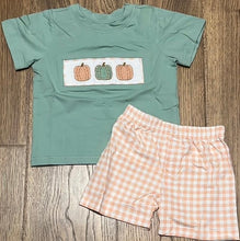Load image into Gallery viewer, Pumpkins, Hand Smocked Sage and Peach Collection, Boys Rompers and 2 pc Sets ETA Mid to Late September
