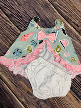 Load image into Gallery viewer, Sea Shells All Over Print Bow Back Set with Ruffled Bloomers
