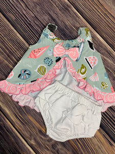 Sea Shells All Over Print Bow Back Set with Ruffled Bloomers