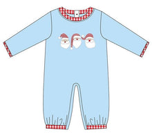 Load image into Gallery viewer, Santa Trio, Red and Blue Embroidered Boys Rompers and 2 pc Sets ETA Mid to Late September
