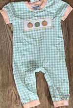 Load image into Gallery viewer, Pumpkins, Hand Smocked Sage and Peach Collection, Boys Rompers and 2 pc Sets ETA Mid to Late September

