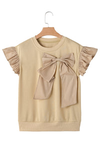 Parchment Ribbon Bow Ruffle Sleeve Round Neck Top