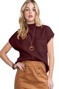 Pocket Ribbed Knit Short Sleeve Sweater