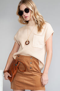 Pocket Ribbed Knit Short Sleeve Sweater