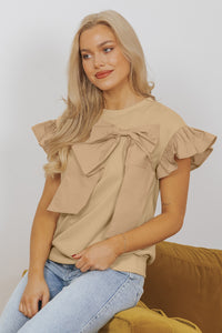 Parchment Ribbon Bow Ruffle Sleeve Round Neck Top